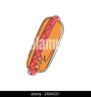 Une ligne continue dessinant un hot dog. Saucisse de hot-dog cuite dans la restauration rapide en tranches de pain. Restauration rapide pour affiche, menus, brochure, web, icône fast food. Si Illustration de Vecteur