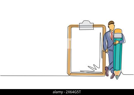 Continu une ligne dessinant homme d'affaires tenant un crayon géant regardant la liste de contrôle complétée sur le presse-papiers. Planification quotidienne efficace et gestion du temps Illustration de Vecteur