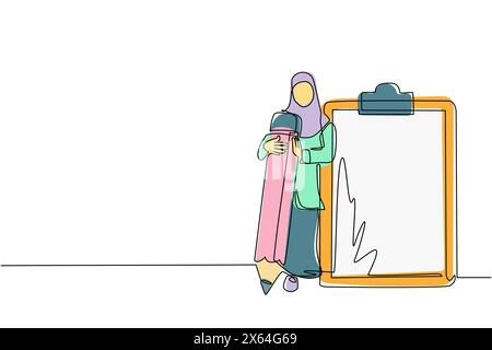 Continue d'une ligne dessinant femme d'affaires arabe tenant un crayon géant regardant la liste de contrôle complétée sur le presse-papiers. Planification quotidienne efficace, gestion du temps Illustration de Vecteur