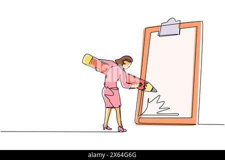 Liste de contrôle continue d'une ligne dessinant la femme d'affaires avec un crayon. Tâche métier achèvement personne. Concept de calendrier de planification des réalisations des objectifs. Si Illustration de Vecteur