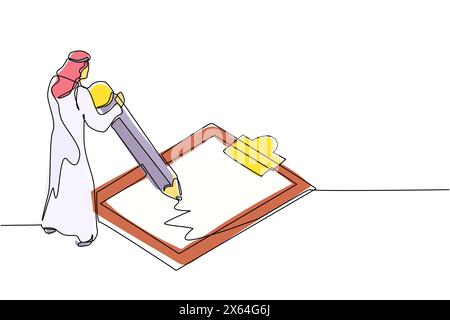 Dessin continu d'une ligne homme d'affaires arabe a rempli le questionnaire. Homme debout près de la grande liste de contrôle. Mâle avec crayon écrit test sur presse-papiers. Péché Illustration de Vecteur
