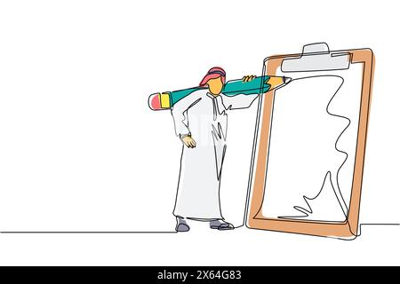 Simple ligne continue dessinant homme d'affaires arabe avec un crayon géant sur son épaule à proximité marqué checklist sur papier presse-papiers. Réussite Illustration de Vecteur