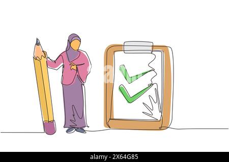 Dessin de ligne continue simple femme d'affaires arabe souriante heureuse avec crayon, presse-papiers, liste de contrôle terminée. Concept de plan de réussite commerciale terminé. Illustration de Vecteur