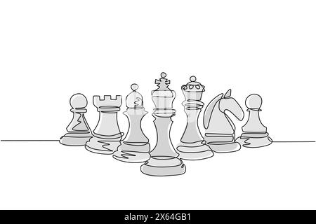 Simple une ligne dessinant des pièces d'échecs alignées, luxe dessiné à la main ou gravure. Roi, reine, évêque, chevalier, tour, pion. Concept de réussite de leader. Continue Illustration de Vecteur