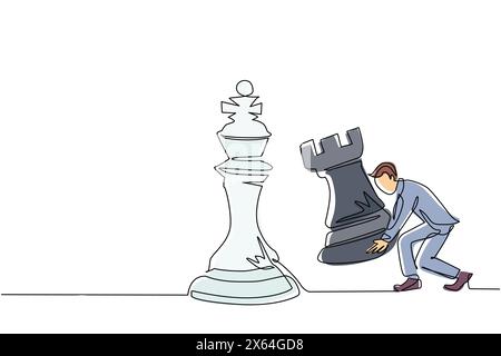 Continu une ligne dessinant homme d'affaires tenant la pièce d'échecs de tour pour battre le roi des échecs. Planification stratégique, stratégie de développement des affaires, tactiques en orl Illustration de Vecteur