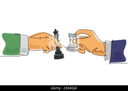 Continue d'une ligne dessinant deux mains d'homme avec des pièces d'échecs de roi et de tour. Dessin stylisé de gravure vintage. Sport, compétition, compétition. Chantez Illustration de Vecteur