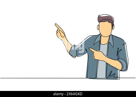 Une seule ligne dessinant le jeune homme pointant les mains ensemble et montrant ou présentant quelque chose tout en étant debout et souriant. Émotion et languettes corporelles Illustration de Vecteur
