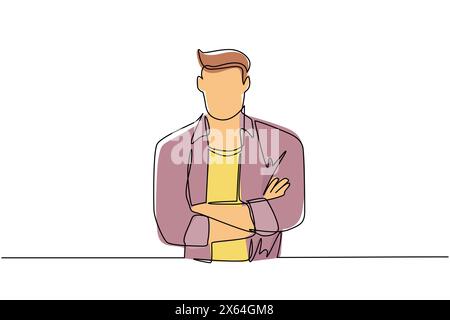 Une ligne continue dessinant souriant jeune homme confiant en chemise, gardant les bras croisés. Homme d'affaires actif debout avec la pose des bras pliés. Dynamique Illustration de Vecteur