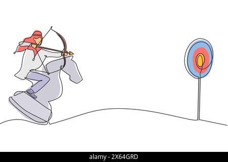 Simple une ligne dessinant homme d'affaires arabe tenant cible de tir à l'arc tout en montant pièce chevalier d'échecs, concept stratégique. Directeur commercial de succès Illustration de Vecteur