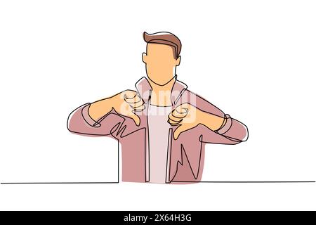 Une seule ligne continue dessinant un jeune homme malheureux montrant le pouce vers le bas signe geste. N'aime pas, n'est pas d'accord, déception, désapprouve, pas d'accord. Émotion, bo Illustration de Vecteur