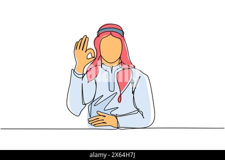 Continu une ligne dessinant l'homme arabe dans des vêtements traditionnels geste signe OK. Signe OK, concept de langage gestuel. Homme souriant debout montrant OK Illustration de Vecteur