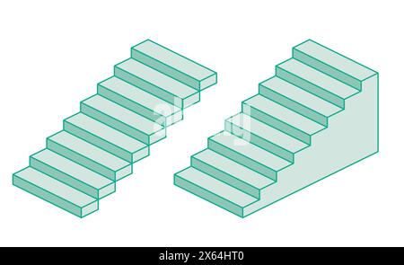 Deux escaliers isométriques. Illustration vectorielle. Contours des objets isolés sur blanc. Symbole d'icône d'escalier. Illustration de Vecteur