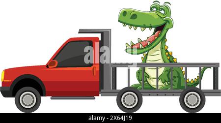 Alligator joyeux transporté dans un camion rouge Illustration de Vecteur