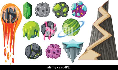 Collection de diverses roches et cristaux dans le style vectoriel Illustration de Vecteur