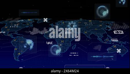 Image de scanners ronds et de traitement des données sur la carte du monde sur fond noir Banque D'Images