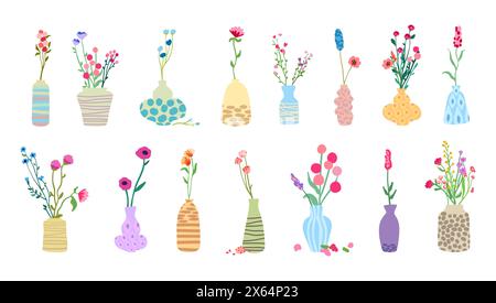Grand ensemble de délicates fleurs sauvages gracieuses 15 bouquets rétro vase hautes tiges feuillage. Éléments floraux simples plantes sauvages isolé fond blanc plat illustration vectorielle mignonne Illustration de Vecteur