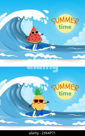 surf de pastèque et d'ananas sur la vague. Vacances sur la mer. Activités de plage. Heure d'été. Illustration vectorielle dans un style plat Illustration de Vecteur