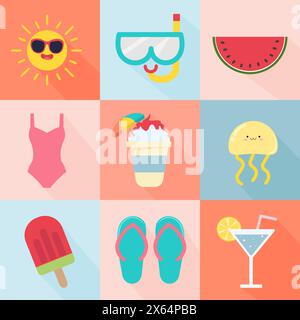 Motif été. Ensemble d'affiches d'été vectorielles. Crème glacée, parasol, tongs et un cocktail. Motifs de fond vectoriels abstraits. Parfait Illustration de Vecteur