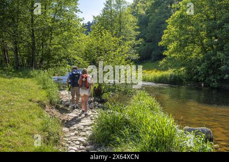 AUVERGNE. HAUTE-LOIRE (43). RANDONNEE SUR LE CHEMIN DE COMPOSTELLE DE GENEVE AU PUY-EN-VELAY, AU BORD DU LIGNON AU LIEU DIT LA PAPETERIE A TENCE. Banque D'Images