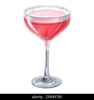 Cocktail rouge en verre gobelet illustration aquarelle. Délicieuse boisson alcoolisée Daiquiri pour l'été à base de fraise Banque D'Images