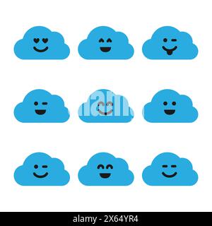 Ensemble de nuages avec des sourires. Neuf nuages bleus avec des smiley différents. Illustration vectorielle Illustration de Vecteur