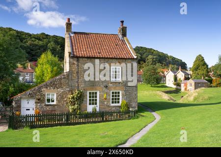 Chalets en pierre sur le vert du village à Hutton le Hole, North Yorkshire, Royaume-Uni Banque D'Images