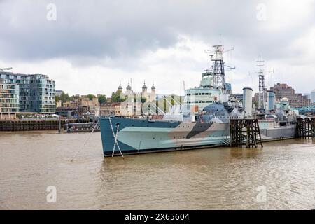 HMS Belfast musée navire et attraction touristique est amarré en permanence sur la Tamise, et fait partie de National Historic Fleet, Londres, Angleterre, Royaume-Uni Banque D'Images