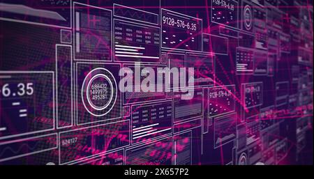 Image d'écrans d'interface numérique avec des graphiques, des graphiques et des données sur fond abstrait Banque D'Images