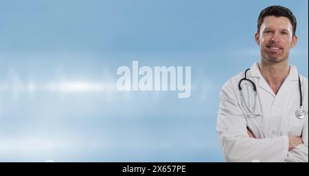 Image d'un médecin masculin caucasien sur des taches lumineuses Banque D'Images