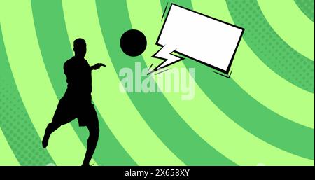 Image de la silhouette de joueur de football avec bulle de parole sur des formes sur fond vert Banque D'Images