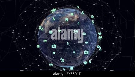 Image des icônes et des points connectés autour du globe tournant sur fond noir Banque D'Images