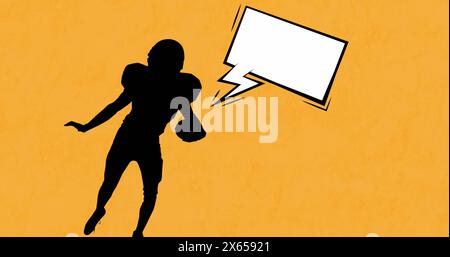 Image de la silhouette de joueur de football américain avec bulle de parole sur des formes sur fond jaune Banque D'Images