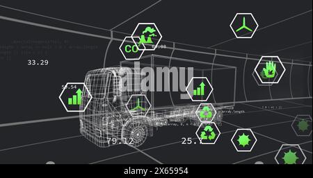 Image de traitement de données avec icônes écologiques et camion numérique sur tunnel noir numérique Banque D'Images