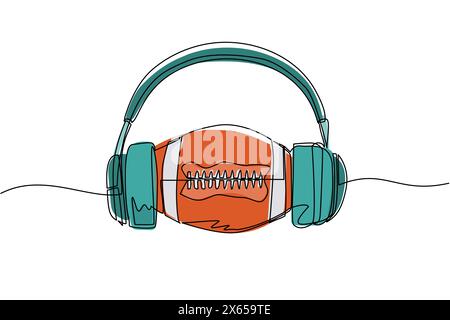 Ligne continue unique dessinant ballon de football américain avec casque. Icône sportive du commentateur de football américain. Style de dessin animé plat pour web, bannière, St Illustration de Vecteur