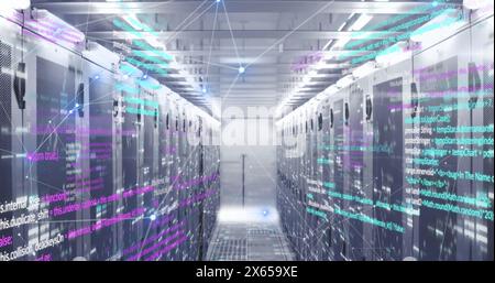 Image des points connectés et du langage informatique sur les racks de serveurs de données dans la salle des serveurs Banque D'Images