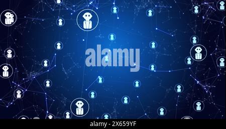 Image de points et d'icônes de robot se connectant avec des lignes et tournant sur fond abstrait Banque D'Images