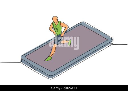 Simple homme de dessin d'une ligne courant sur le tapis roulant d'écran de smartphone. Application fitness exercice et sports. Athlète d'exercice de mobilité numérique cardio-control. Illustration de Vecteur