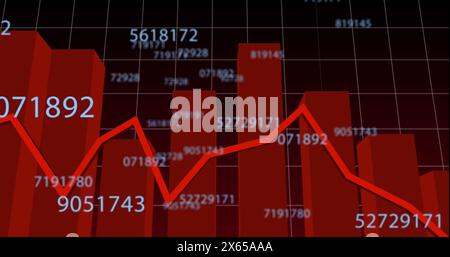 Ligne graphique rouge montrant le déclin parmi les nombres sur fond sombre Banque D'Images