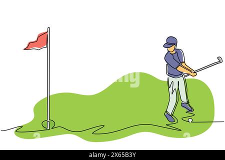 Dessin simple sur une ligne d'un jeune homme beau dirigeant jouant au golf sur un parcours de golf. Entraînez-vous à faire un trou en une seule frappe technique. conti moderne Illustration de Vecteur