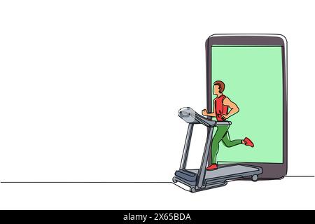 Simple smartphone de dessin d'une ligne et homme en cours d'exécution sur tapis roulant motorisé. Homme sportif sur machine d'entraînement électrique. Club de fitness, outil de gym. Continuo Illustration de Vecteur