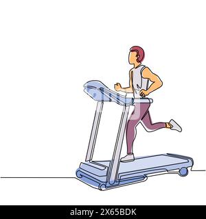 Homme dessinant une seule ligne courant sur un tapis roulant motorisé. Homme sportif sur le personnage de dessin animé de machine d'entraînement électrique. Club de fitness, outil de gym. Conti Illustration de Vecteur
