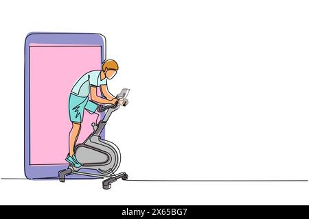 Homme de dessin continu d'une ligne chevauchant un vélo stationnaire et smartphone. Vélo d'appartement. Sport de vélo statique hommes dans le gymnase, sports et santé, fitne Illustration de Vecteur