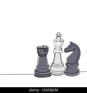 Ligne continue unique dessinant des pièces d'échecs icône silhouette ensemble isolé sur fond blanc. Figures d'échecs noir bishop, chevalier, tour design ele Illustration de Vecteur