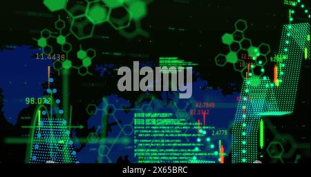 Image du traitement des données et code qr sur la carte du monde sur fond noir Banque D'Images