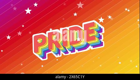 Image d'un texte de fierté en couleurs arc-en-ciel avec des étoiles blanches tombant sur un fond coloré Banque D'Images