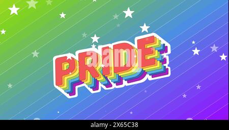 Image d'un texte de fierté en couleurs arc-en-ciel avec des étoiles blanches tombant sur un fond coloré Banque D'Images