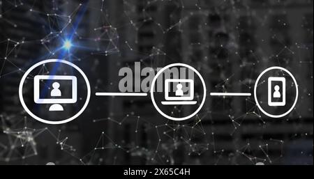 Image de réseaux de connexions avec des icônes sur des hexagones bleus Banque D'Images