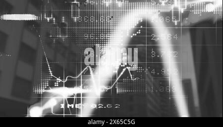 Image de graphiques, de points formant des cartes et d'une table de négociation sur une vue en angle bas des bâtiments Banque D'Images