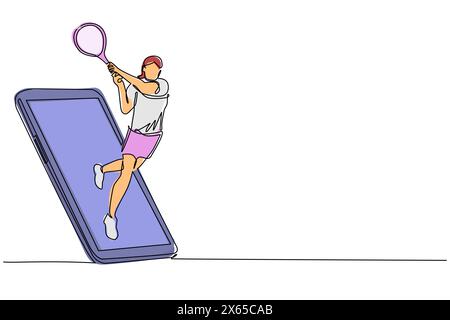 Ligne continue unique dessinant une joueuse de tennis féminine a frappé la balle de l'adversaire en sortant de l'écran du smartphone. Matchs de sport mobiles. Tennis en ligne GA Illustration de Vecteur