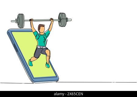 Simple une ligne dessinant l'homme de bodybuilder faisant de l'exercice avec la barre de poids lourd sortant de l'écran de smartphone. Application mobile d'haltérophilie en ligne. Conti Illustration de Vecteur